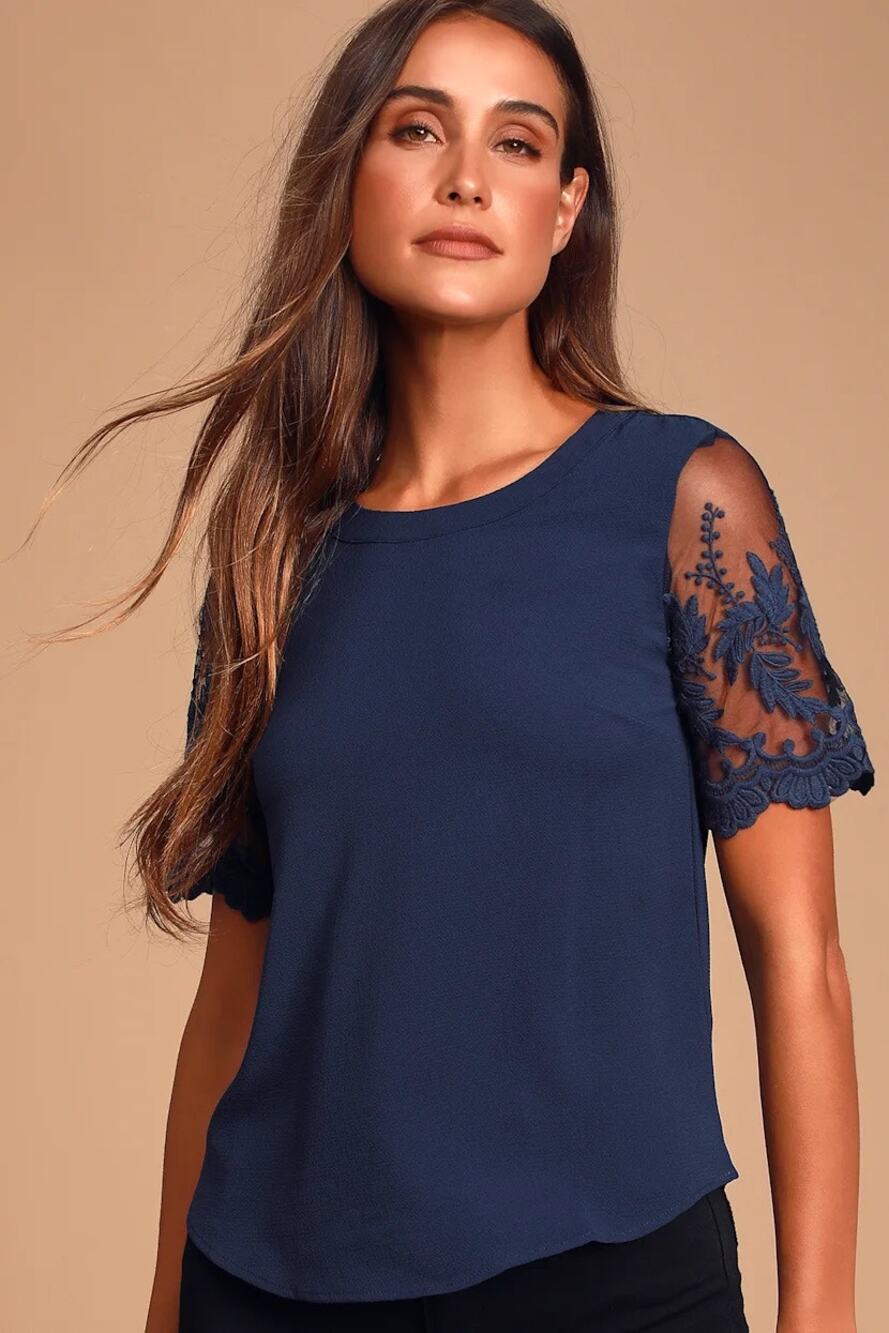 Lulus Lisa Marie Navy Blue Embroidered Mesh Lace Short Sleeve Top Size Small